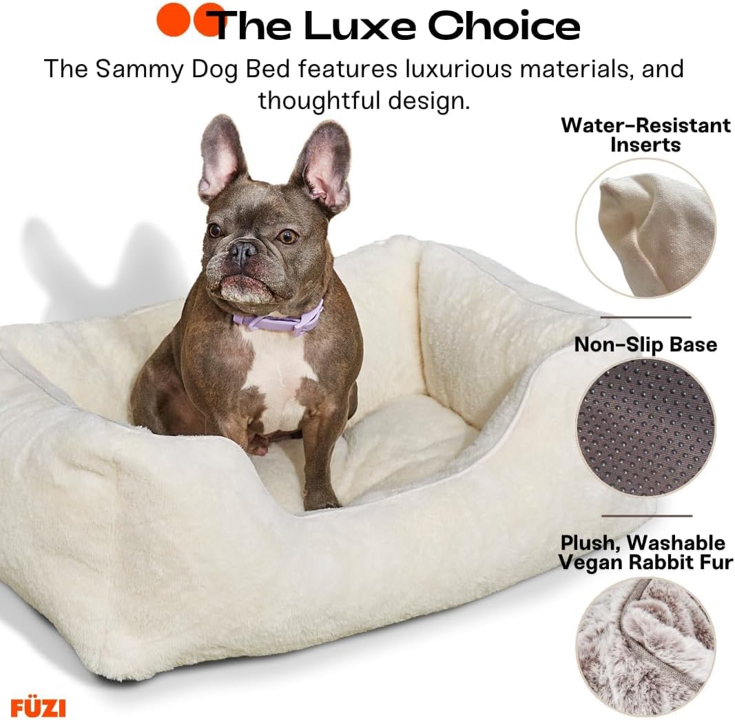 FUZI Luxury Aesthetic Dog Bed with Extra Cover for Medium Dogs, Washable Pet Couch, Pet Bed with Sides, Non-Slip Bottom, Soft & Durable Calming Bed, Faux Rabbit Fur, Medium 31.75x23.6x9.5 Light Brown