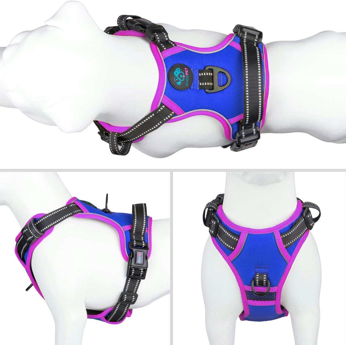 PHOEPET 2019 Upgraded No Pull Dog Harness, Reflective Adjustable Vest, with a Training Handle + 2 Metal Leash Hooks+ 3 Snap Buckles +4 Slide Buckles(XS, Royal Blue)