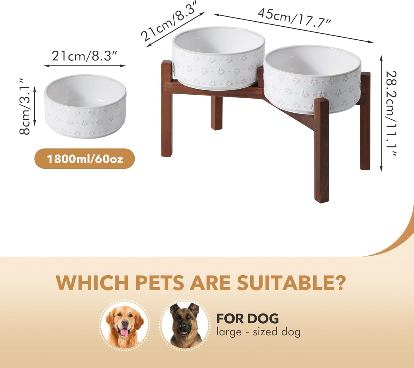 8.2inch Ceramic Raised Double Bowls Set with Acacia Wooden Stand, Food & Water Bowls for Large Breed Dogs, Weighted Dog Dishes, Pet Bowl(60OZ, Arctic White)