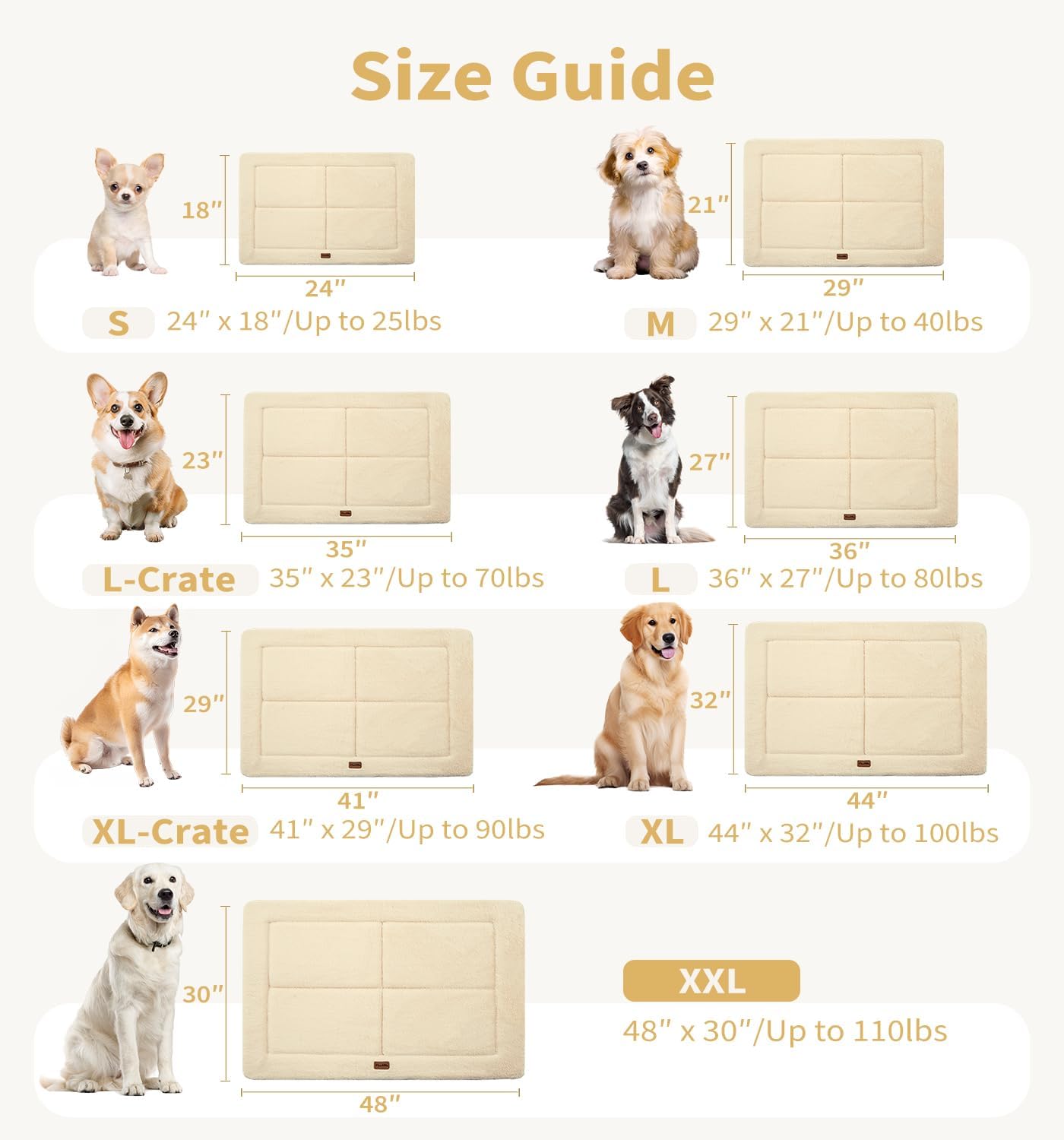 MADE 4 PETS Dog Crate Pad Bed for Medium Dogs, Washable & Reversible, Anti-Slip Kennel Mat for Cozy Sleeping, Soft Fluffy Dog Bed for Indoor & Outdoor Use, 29"x21", Beige