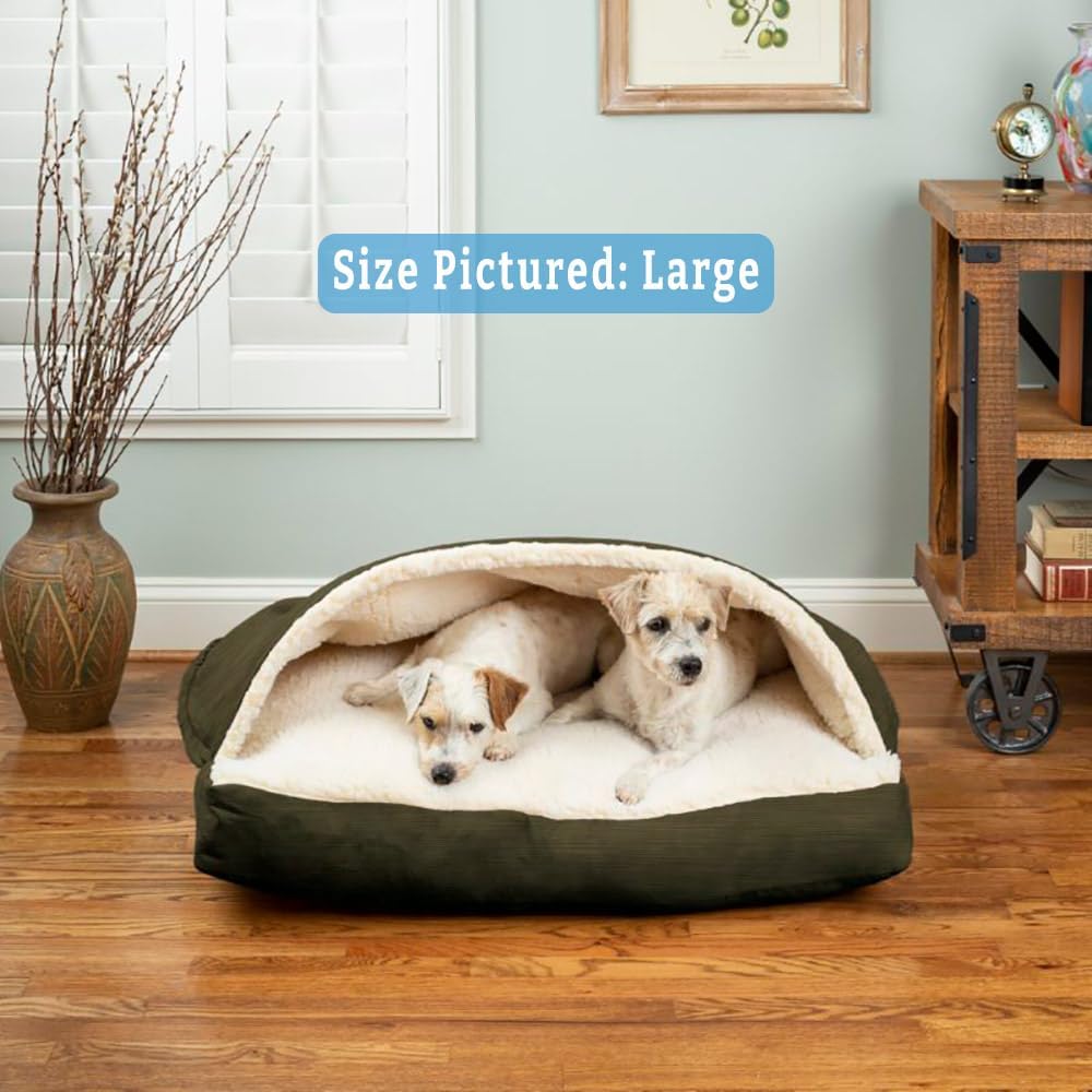 Snoozer Rectangle Cozy Cave Dog Bed - Indoor Dog Bed with Cover Cave, Covered Calming Burrow for Small & Medium Sized Pets with Blanket Attached, Enclosed, Washable - Medium, Olive