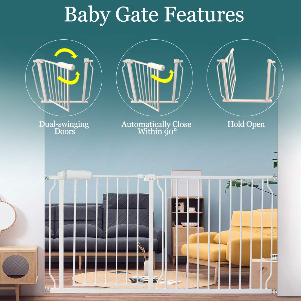 ALLAIBB Extra Wide Pressure Mounted Baby Gate Walk Through Child Kids Safety Toddler Tension White Long Large Pet Dog Gates with Extension for doorways Kitchen (52.76-57.48"/134-146cm)