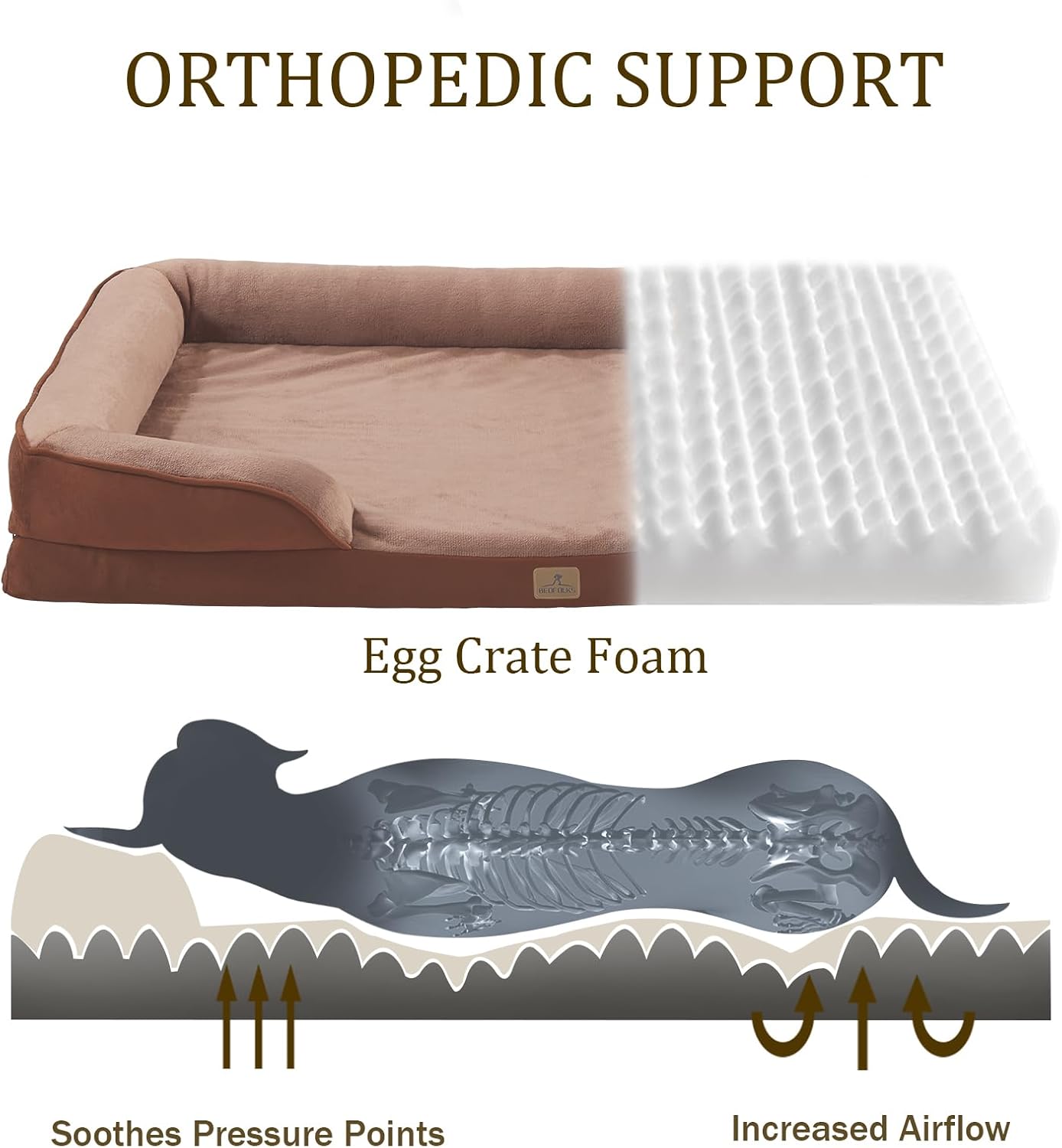 Bedfolks Orthopedic Dog Bed XXL, Waterproof Dog Sofa Bed for Giant Dogs, Egg Foam Pet Couch Bed with Removable Washable Cover and Nonslip Bottom, Brown