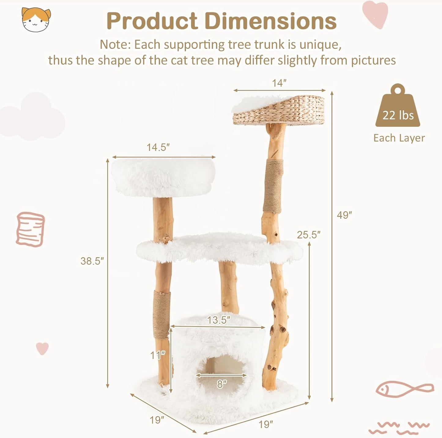 Tangkula Cat Tree Tower, Solid Wood Modern Cat Tower with Top Cattail Basket Bed, Side Perch, Large Platform & Condo, Cute Cat Tree with Scratching Posts for Indoor Cats Large Adult