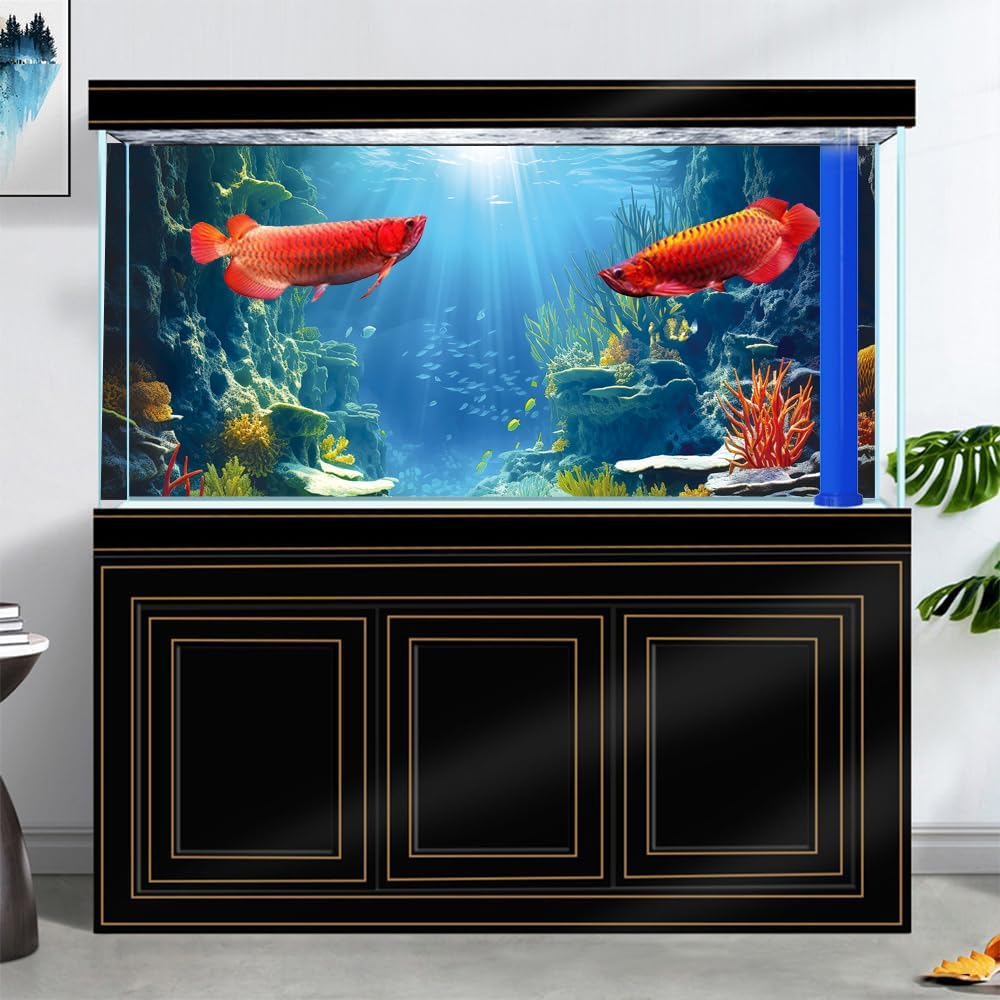 24X12IN Blue Sea Floor Aquarium Background, Natural Underwater World 3D Effect Fish Tank Decorations Background, Art Terrarium Background with 8 EVA Double-Sided Tape