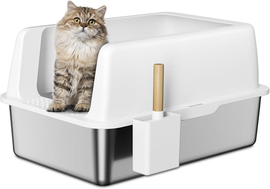 Zarler Stainless Steel Litter Box with Lid, Extra Large Metal Litter Box for Big Cats, White (Non-Sticky, Easy to Clean, Anti-Urine Leakage)