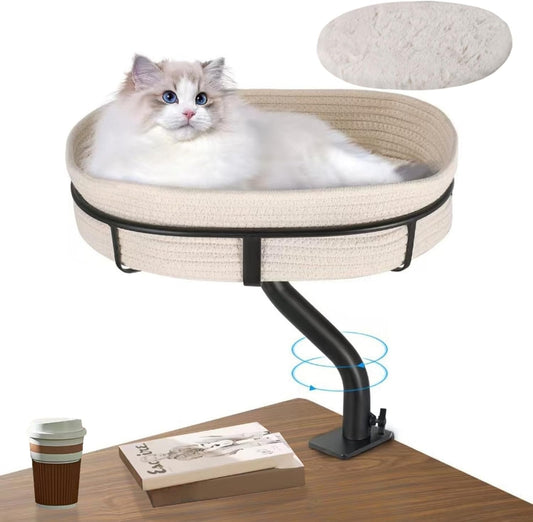 Cat Desk Bed - 360° Rotating Mount Attachment - Space-Saving Cats Hammock for Home Office/Computer Desks, Washable All-Season Indoor Pet Nest - Comfortable Perch