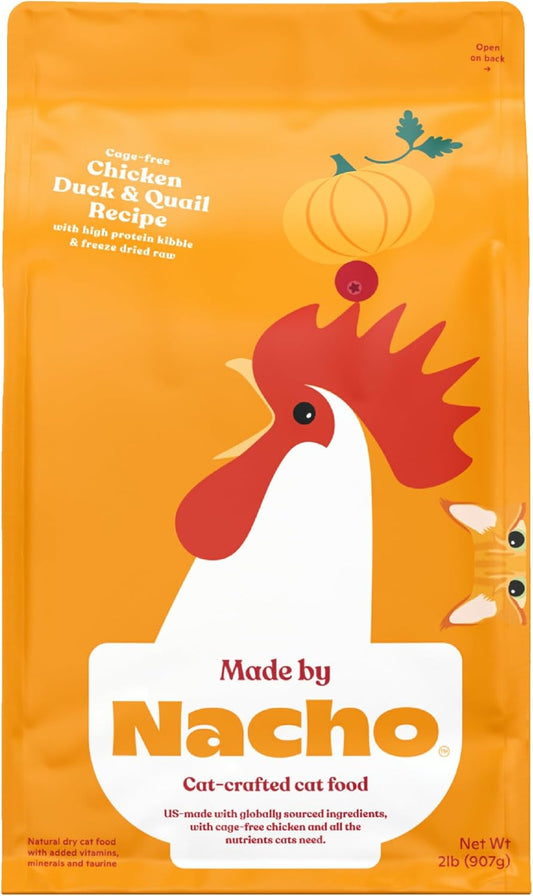 Made by Nacho Dry Cat Kibble 10lb Bag, High Protein Premium Cat Food with Freeze-Dried Pieces, Cage-Free Chicken, Duck & Quail, Limited Ingredients, Single Bag