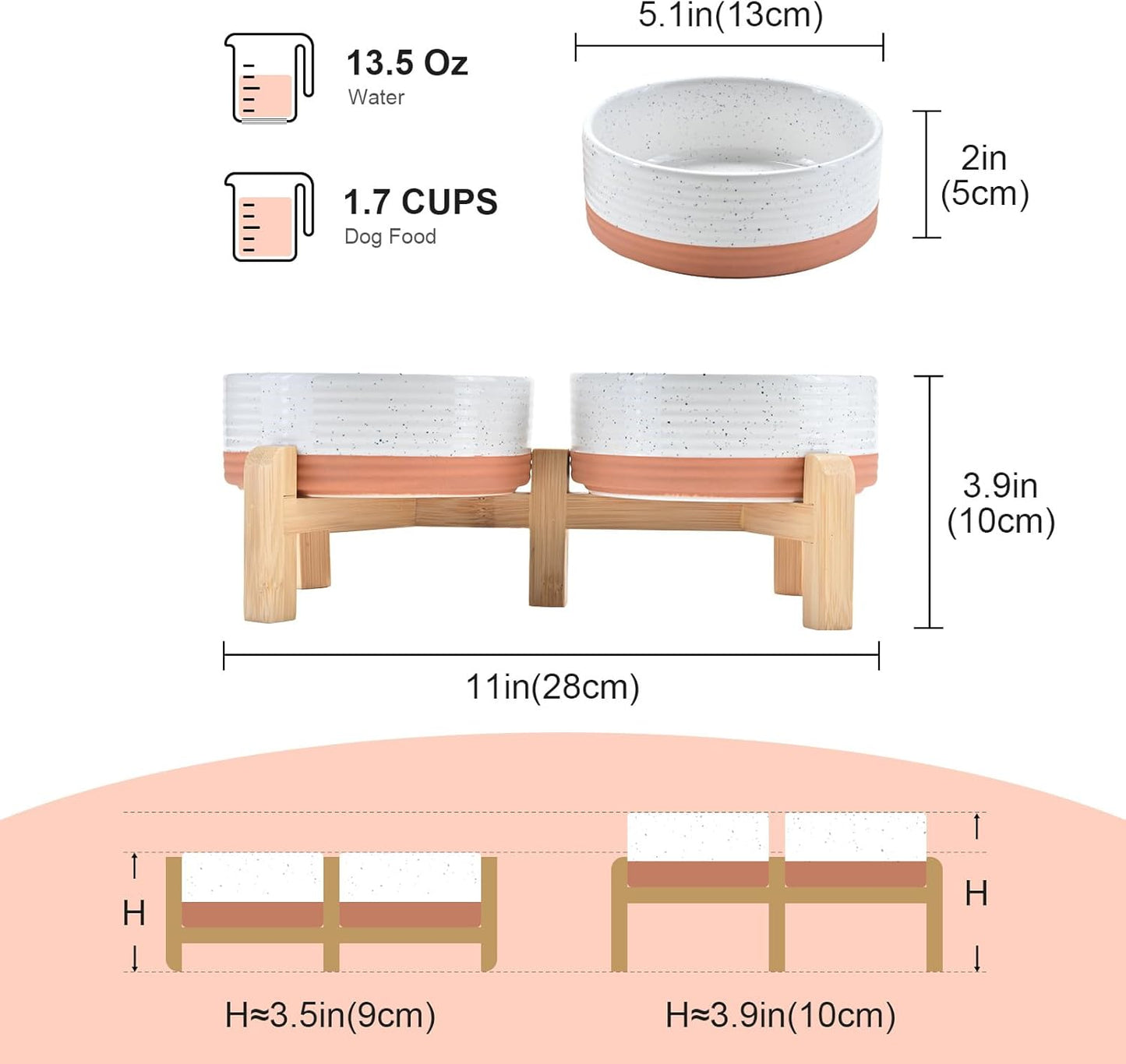 SPUNKYJUNKY Elevated Dog Bowls Ceramic, 5.1'' Dogs and Cat Food Water Bowls Raised with Non-Slip Bamboo Stand for Puppy Small Sized Breed Microwave Dishwasher Safe - 13.5 OZ,Pattern White