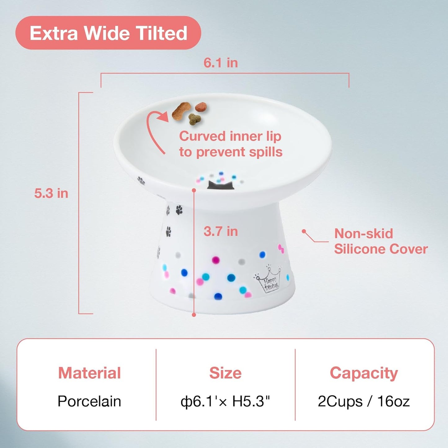 Necoichi Extra Wide Raised Cat Food Bowl, Elevated, Prevent Neck & Whisker Fatigue, Dishwasher and Microwave Safe, No.1 Seller in Japan! (Colorful Dots Limited Edition, Extra Wide Tilted)