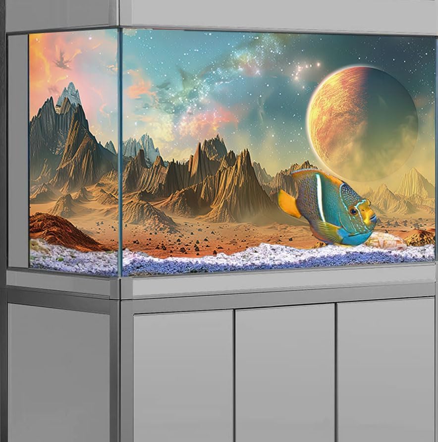 Cosmic Aquarium Background,Cool Galaxy Parallel Space Themed Fish Tank Background, Tropical Desert Terrarium Background 72X16IN with 8 EVA Double-Sided Tape