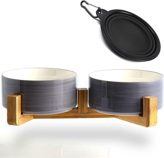 Petygooing Ceramic Cat Dog Bowl Set with Wood Stand, 13.5OZ/5.1 in, Grey White