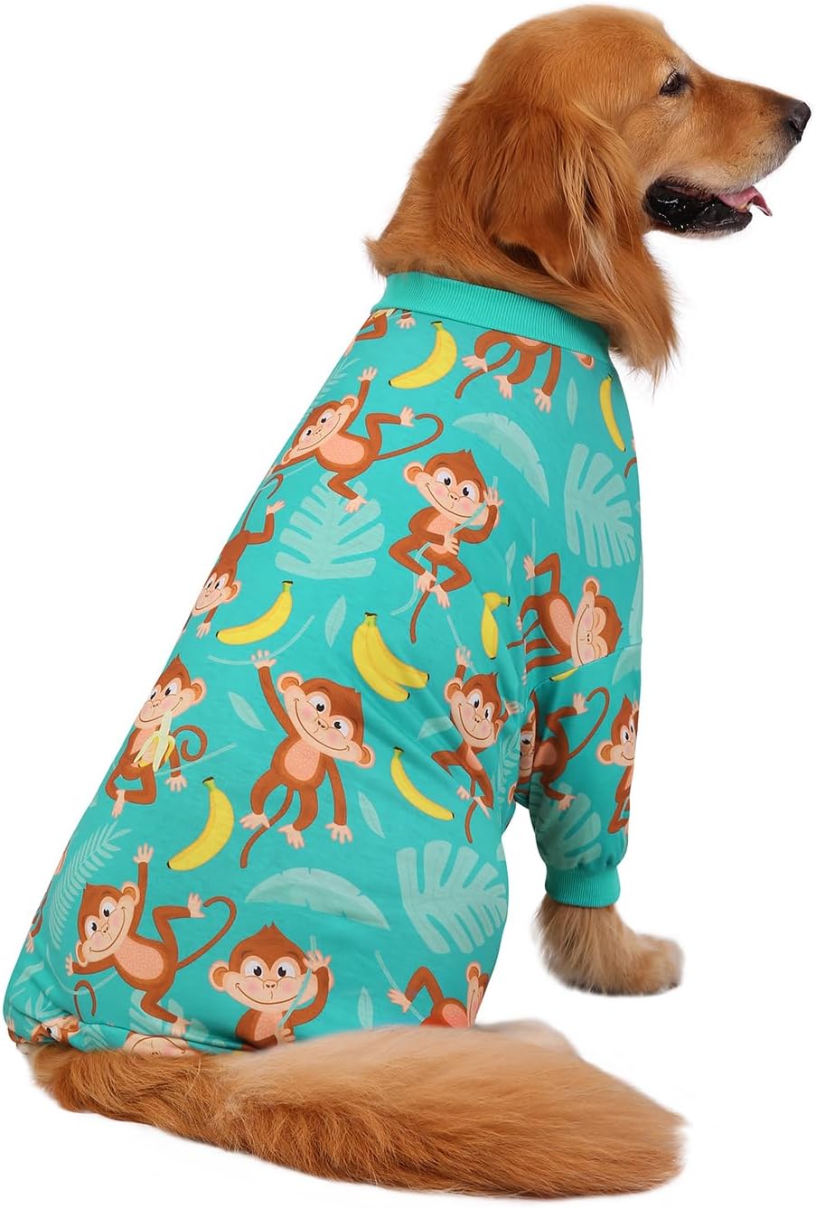 HDE Dog Pajamas One Piece Jammies Jumpsuit Pet Clothes Outfit Stretchy Lightweight Comfy Shirt Pjs for M-3XL Dogs Monkeying Around - L