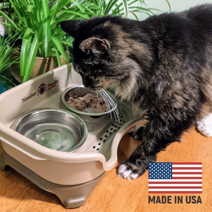 Neater Feeder Express Mess Proof Cat Bowls Elevated, No Spill Feeding Station, Stainless Steel Dishes for Food and Water, Raised Bowls for Indoor Cats, No Fatigue Whisker Friendly Dish, Cappuccino