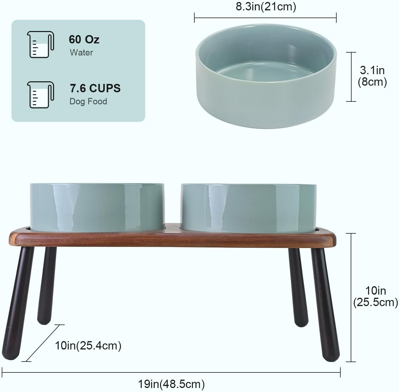 SPUNKYJUNKY Ceramic Elevated Dog Bowls Raised with Acacia Bamboo Wooden Stand, 8.3'' Dog Food Water Bowls Set Non-Slip for Medium Large Sized Breed Microwave Dishwasher Safe - 60 OZ,Light Green