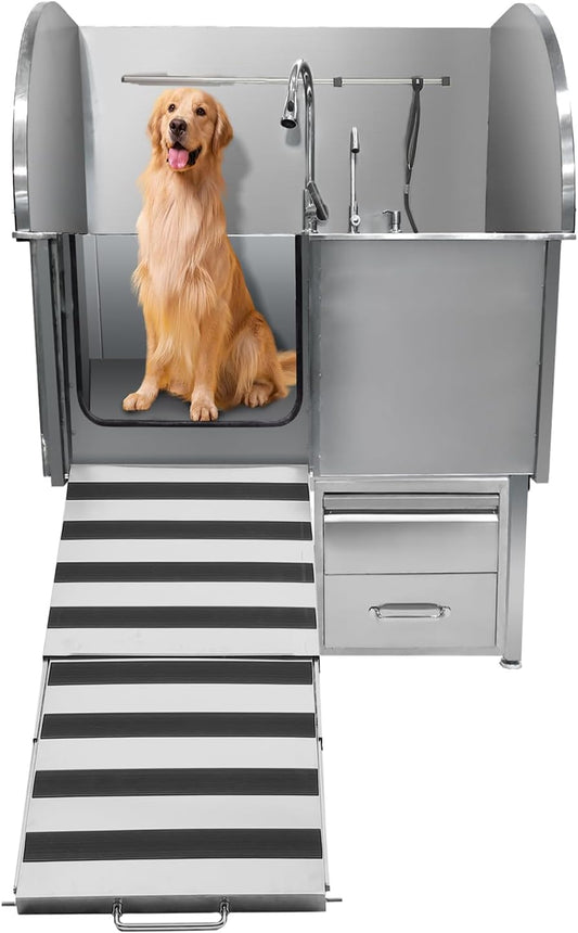 Professional Dog Grooming Tub, 38" Stainless Steel Dog Wash Station with Ramp, Storage Drawer, Floor Grate & Faucet/Dog Bathtub for Large, Medium & Small Pets, Left Door