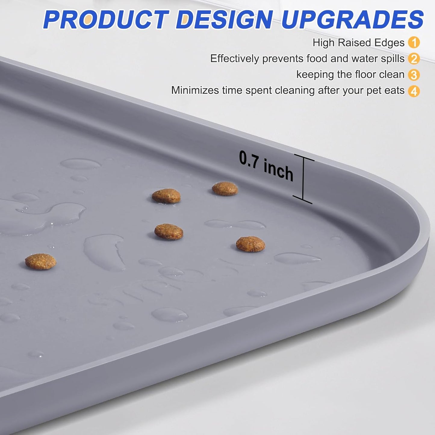Silicone Pet Feeding Mat with Raised Edge for Food and Water, Dog Bowl Mats, Cat Bowls Placemat with High Lip for Floor Waterproof, Rubber Tray for Cats and Dogs 19 x 12 x0.7 Light Gray