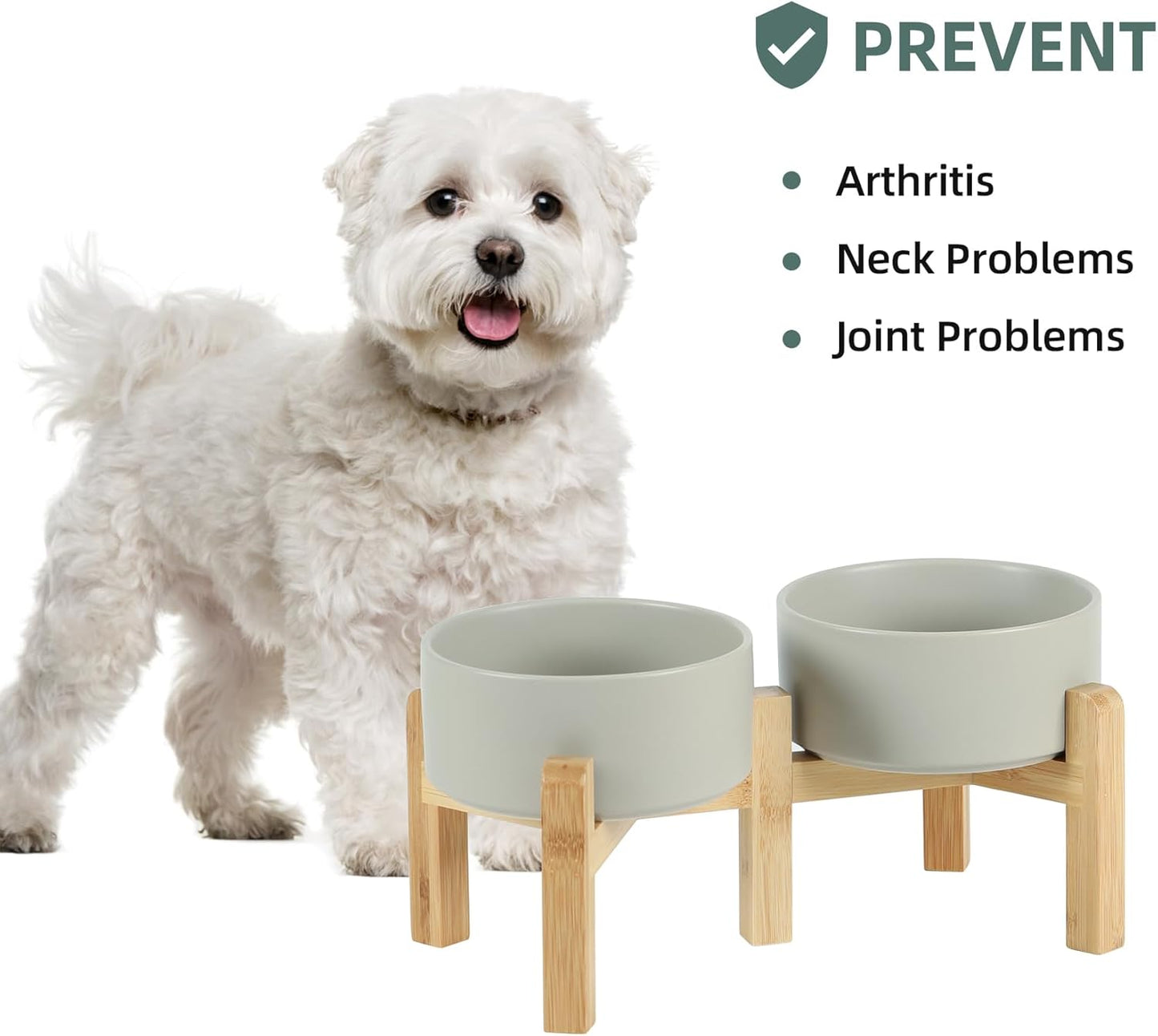 Ceramic Raised Double Bowls Set with Stand, 2 Heights Elevated, Food & Water Bowls for Small Breed Dogs, Weighted Dog Dishes, Pet Bowl(6.1'',28.7oz, Grey)