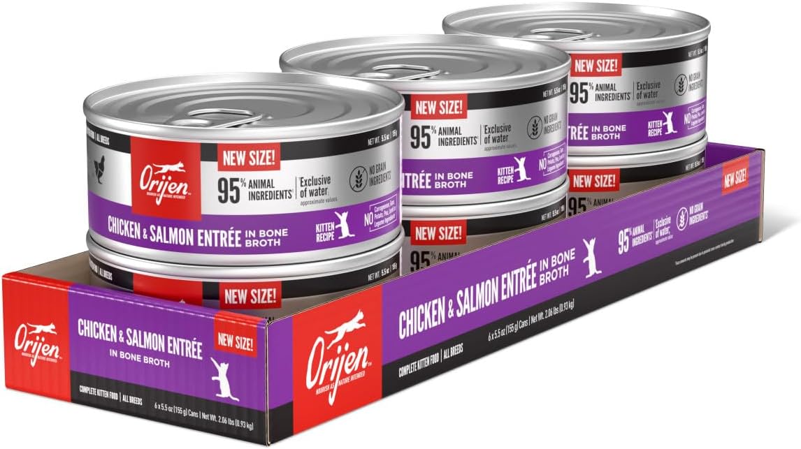 ORIJEN Premium Pate Wet Kitten Cat Food in Bone Broth Chicken & Salmon Entrée 5.5oz Cans (6 Count)