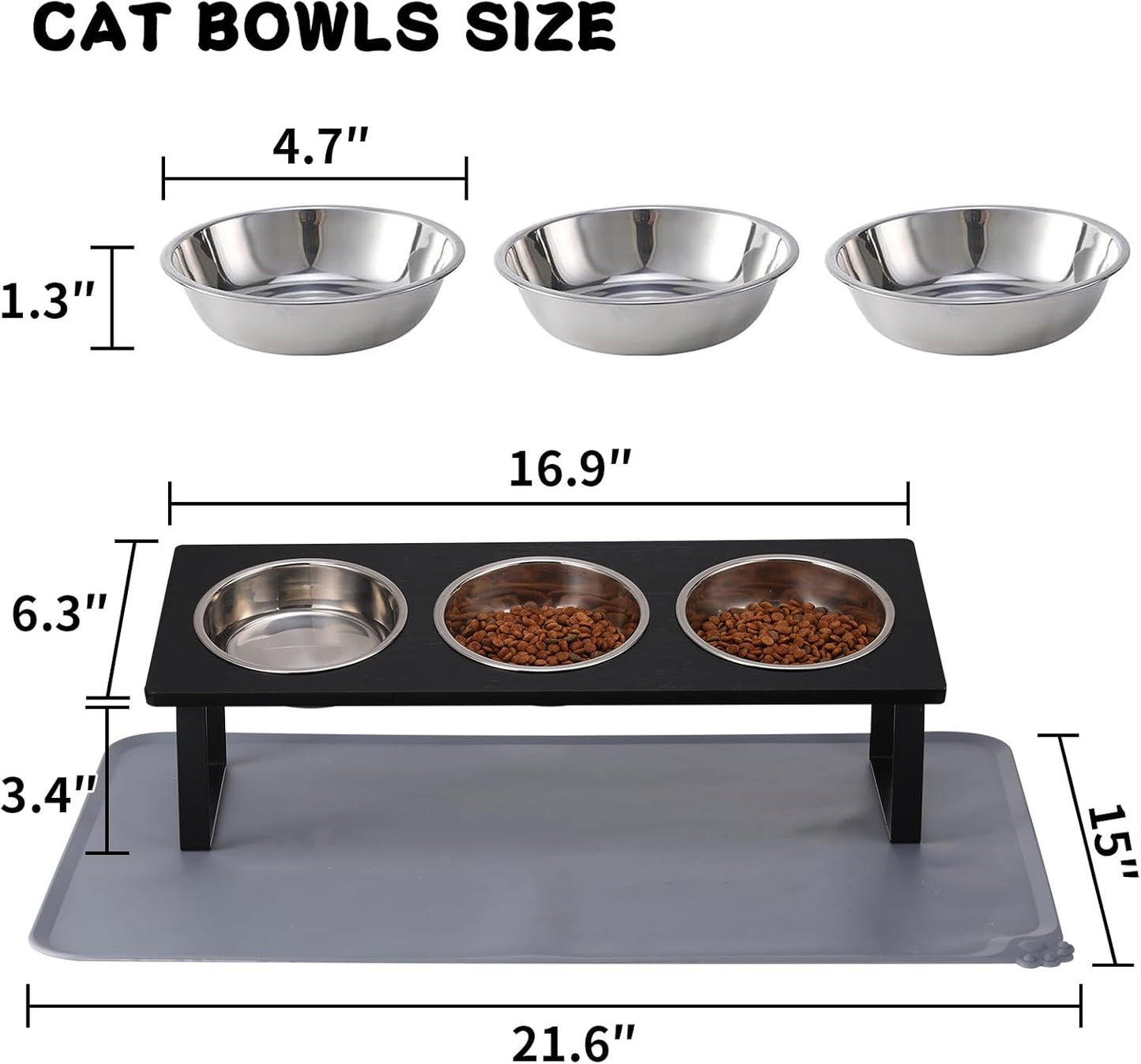 Upgraded Elevated Cat Bowls with Food Mat,15°Tilted Stand Anti Vomiting Raised Cat Dishes for Food and Water,3 Stainless Steel Bowls for Cats and Puppy（Black）