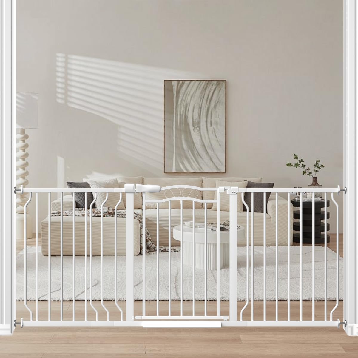 Extra Wide Dog Gate for Doorways 62.6-72 in, Walk Through Long Baby Gates for Large Openings, No Drill Child Safety Gate for Pets Kids Toddler, Doggy Barrier Indoor Metal, 30" Tall White