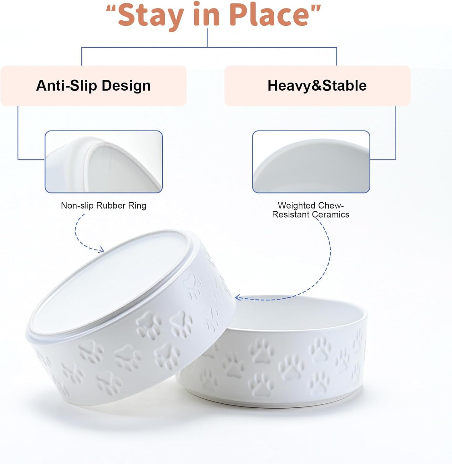 SPUNKYJUNKY Ceramic Dog Bowls 2 Pack, 8.3'' Dog Food Water Double Feeding Bowls Non-Slip for Medium to Large Sized Breed Microwave Dishwasher Safe - 60 OZ, 2pcs, Paw White