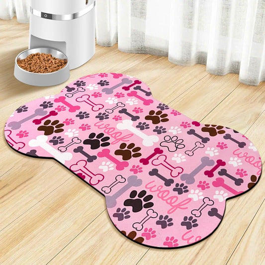 Dog Food Mats for Floors Waterproof, Pet Feeding Absorbent Water Bowl Mat Cat Placemats Pink Bone Shape 23.6 * 15.7 inch