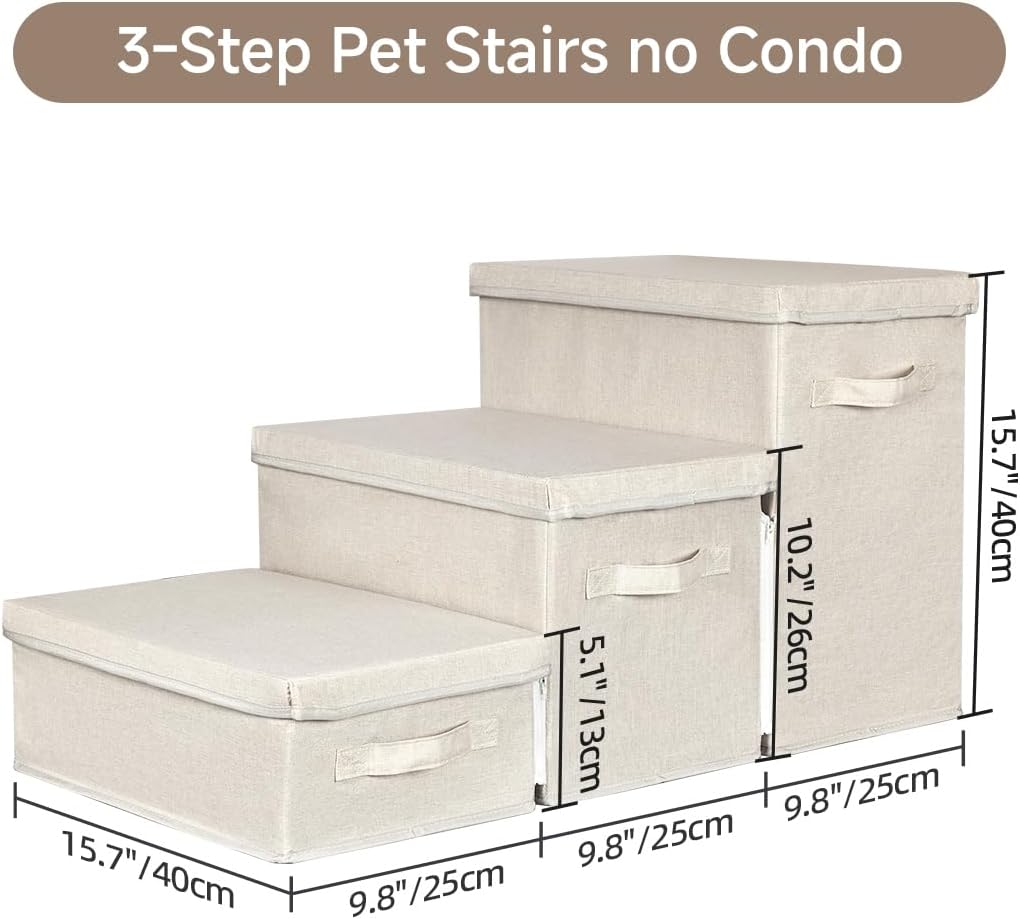 Pet Stairs with Storage, Pet Step for Small Dogs and Cats, 3-Step Folding Pet Steps with Zip, Cat Stairs Dog Steps for Bed, Couch and Car Ramp (Beige, 3 Steps no Condo)