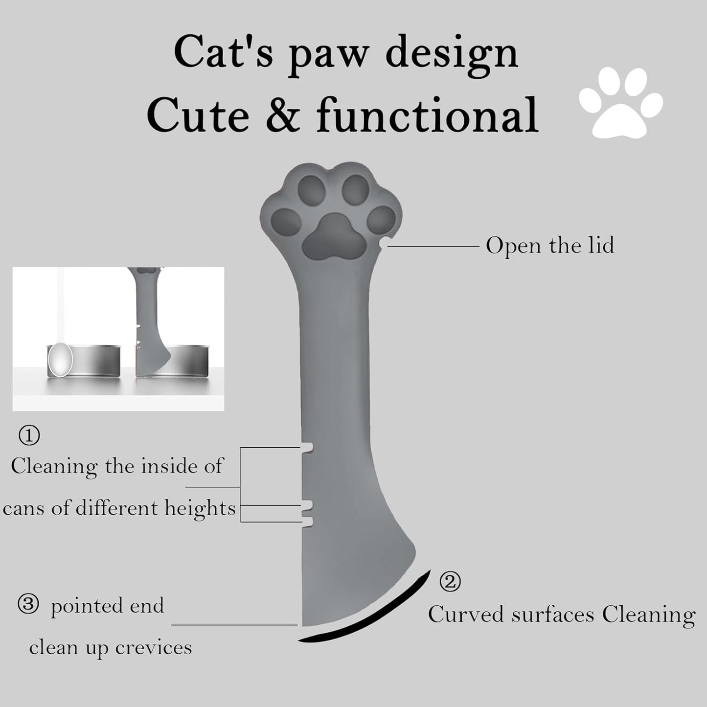 Pet Food Can Spoon & 3 Pcs Can Covers | Cute Paw Shape Opener Spatula Cat Wet Food Spoon | Universal BPA Free Silicone Can Lids & Spoon for Dog Cat Cans(Grey)