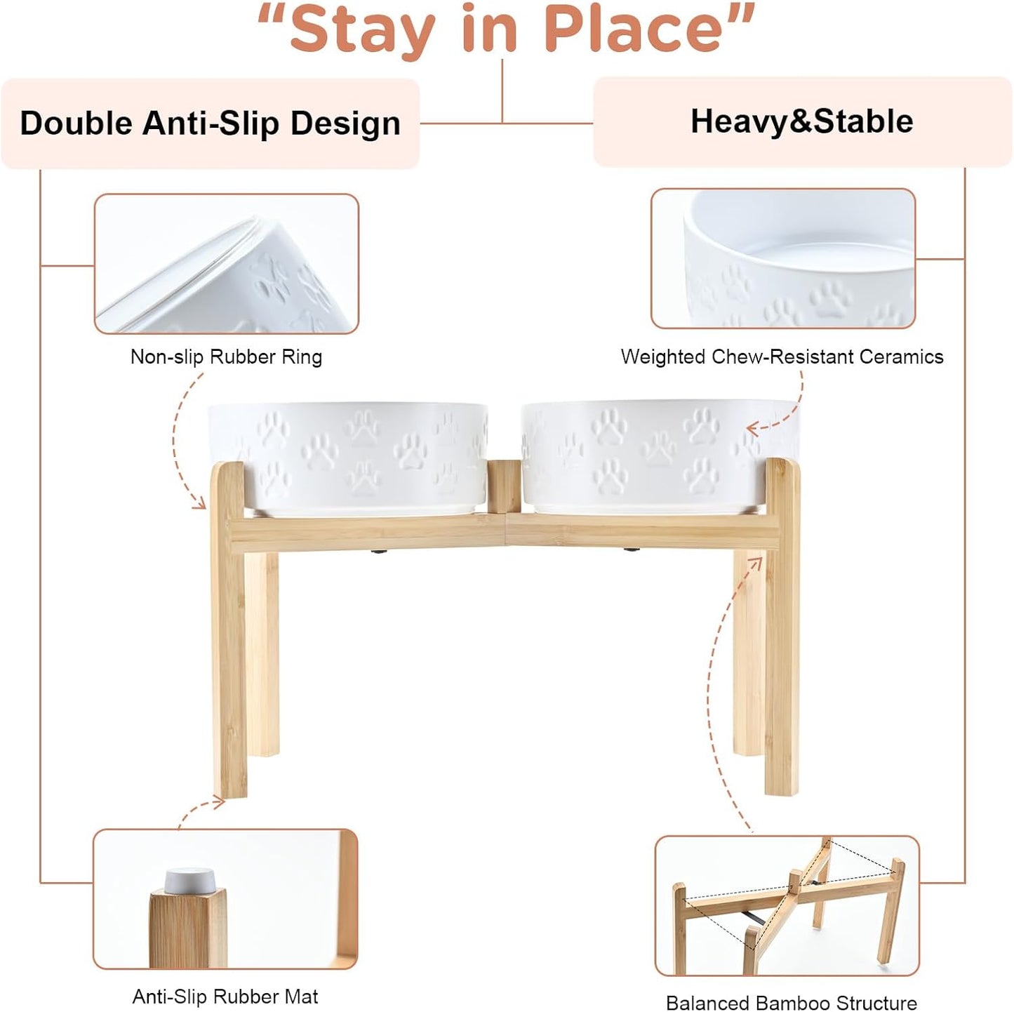 SPUNKYJUNKY Elevated Dog Bowls Ceramic, 8.3'' Dogs Food Water Bowls Raised with Non-Slip Bamboo Stand for Large Sized Breed Microwave Dishwasher Safe - 60 OZ,Paw White