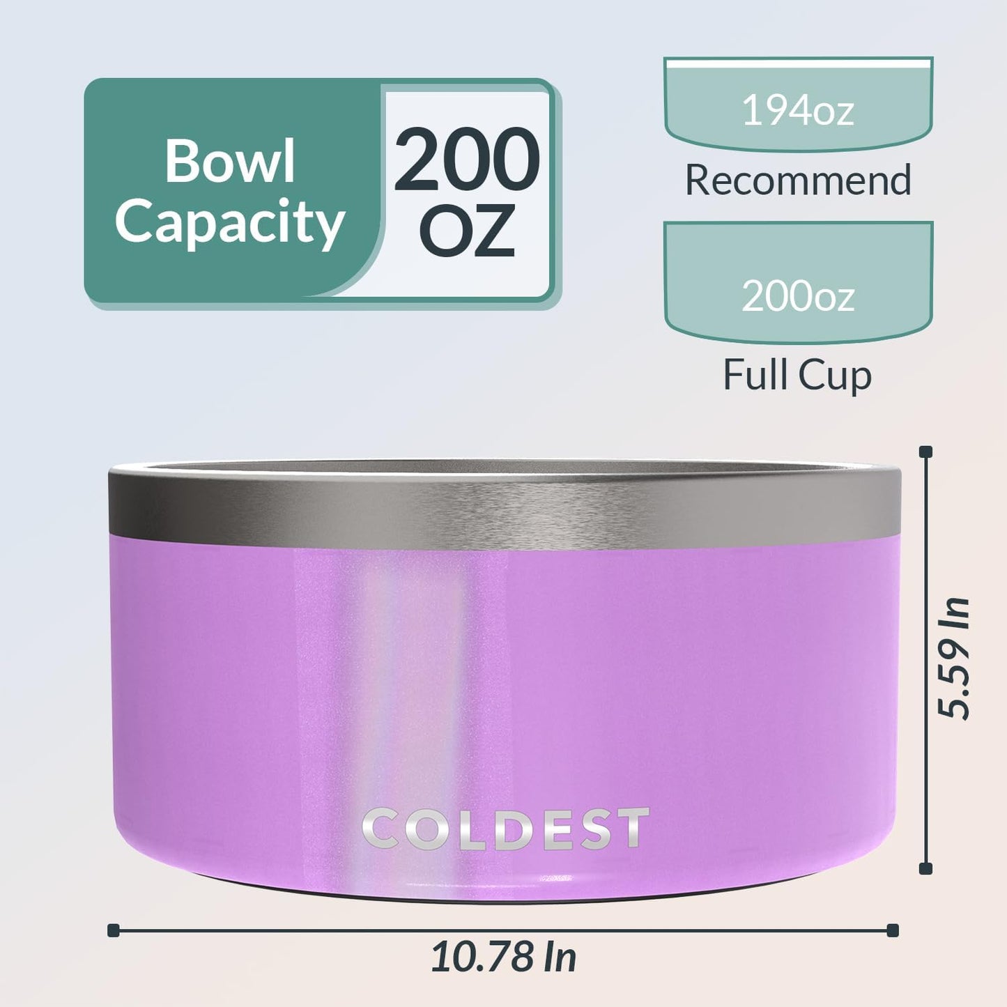Coldest Dog Bowl - Anti Rust Metal, Non Slip, 3 Layers Insulated Stainless Steel Dog Bowls - Spill Proof & Heavy Duty - Water Bowl for Dogs, Cats, Dish Washer Safe (200 oz, Saturns Purple Glitter)