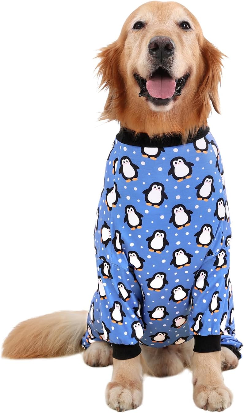 HDE Dog Pajamas One Piece Jammies Jumpsuit Pet Clothes Outfit Stretchy Lightweight Comfy Shirt Pjs for M-3XL Dogs Penguin Polka Dots - L