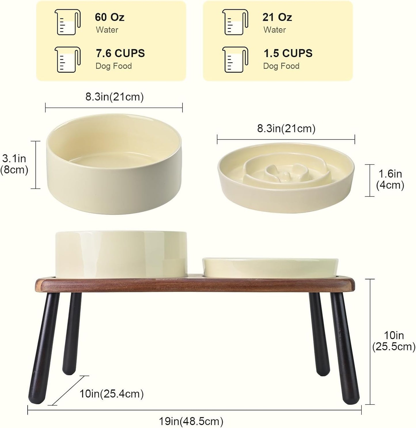 SPUNKYJUNKY Ceramic Elevated Dog Bowls with Slow Feeder Raised Acacia Bamboo Wooden Stand, 8.3'' Dog Food Water Bowls Set Non-Slip for Medium Large Sized Breed Microwave Dishwasher Safe - Beige