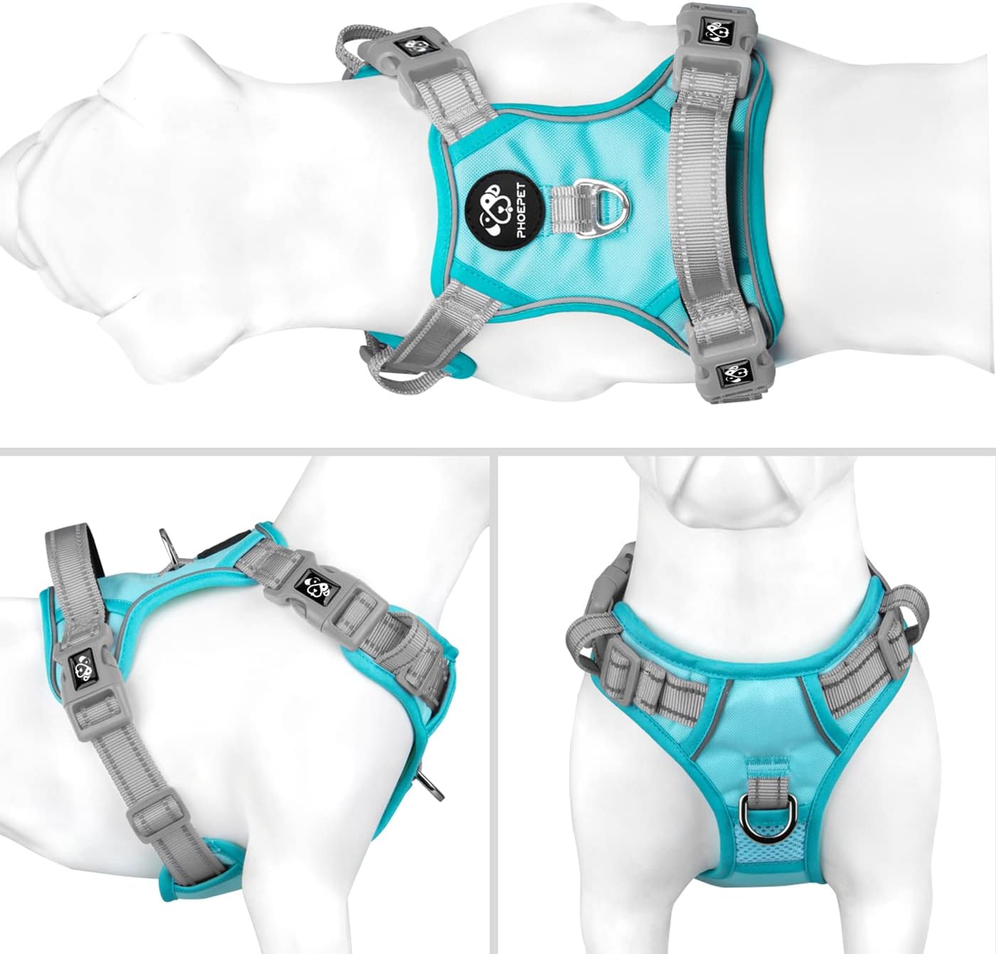 PHOEPET No Pull Dog Harness, Unique Colors Reflective Adjustable Dog Vest, with Soft Training Handle Metal Clips for Small Medium Large Dogs (Mint Green Base & Grey Straps,M)