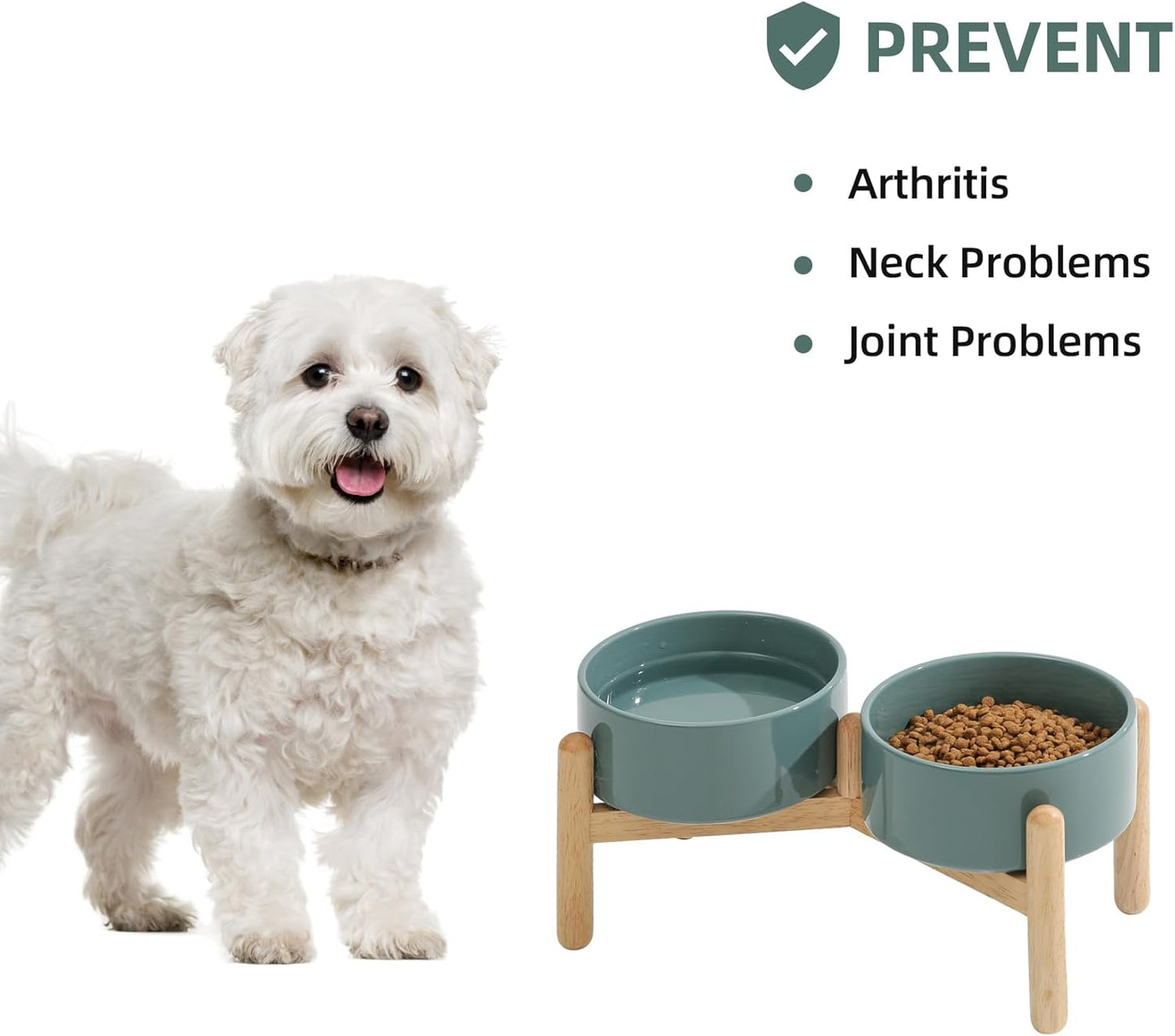 Ceramic 6.1inch Raised Dog Bowl with Stand for Small and Medium Breed Dog Dish Pet Food and Water Bowl (Double Bowl with Stand - Dark Green, 28oz)