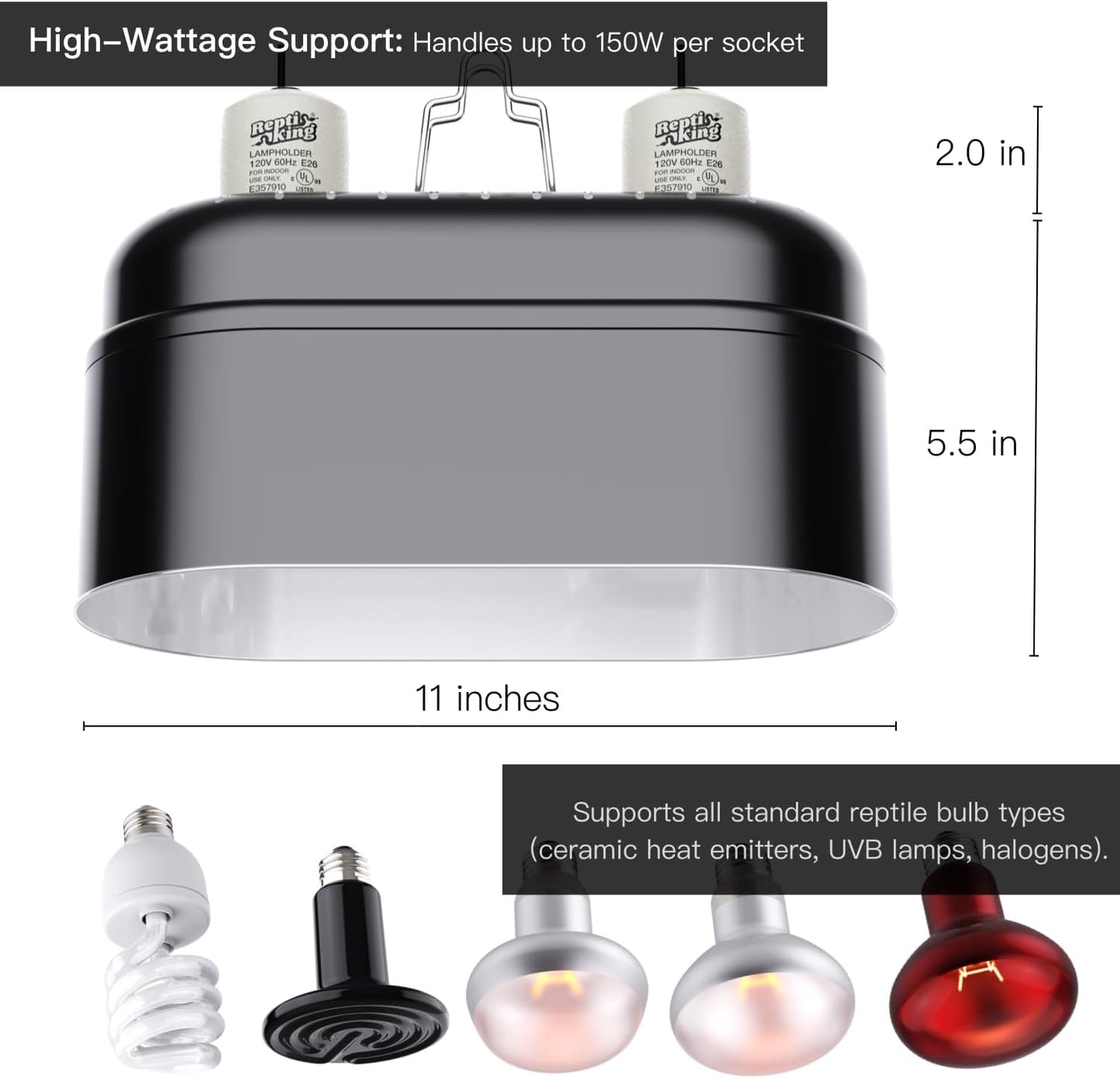 Reptile Dual Light Fixture, Double Deep Dome for Reptile Light/Heat Lamp/UVB Light, Snap-on Lamp Fixture Holder for Beared Dragon/Snake/Turtle/Lizard Tank Accessories