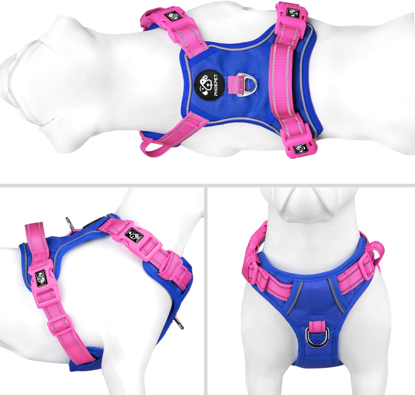 PHOEPET No Pull Dog Harness, Unique Colors Reflective Adjustable Dog Vest, with Soft Training Handle Metal Clips for Small Medium Large Dogs (Royal Blue Base & Pink Straps,L)