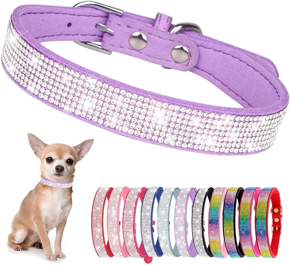 Rhinestone Dog Collar for Small Dogs, Bling Diamond Fancy Crystal Glitter Pretty Jewel Pet Puppy Collars for XXS XS Small Medium Large Breed Girl Dogs Female Cats Kitten, Purple XSmall
