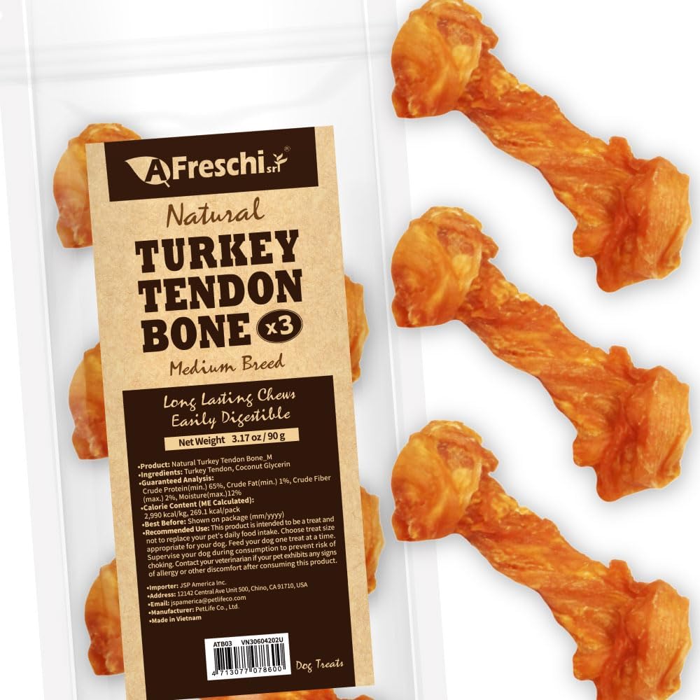 Afreschi Turkey Tendon Bone (M) 3.17 oz, USA-Sourced Turkey Tendon, All Natural Human Grade Dog Chew, Hypoallergenic, Rawhide Alternative, Dog Treats for Medium Breeds