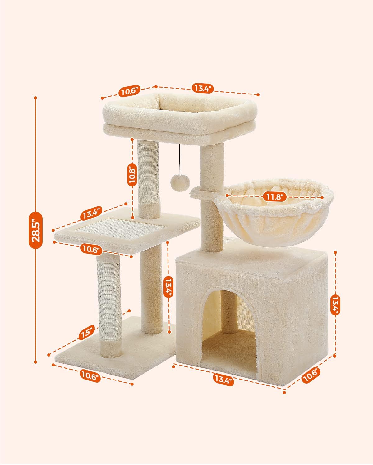 PEQULTI Small Cat Tree, [28.5''] Cat Tower for Indoor Cats, 2 Styles Activity Tree with Cat Scratching Posts, Big Hammock and Removable Top Perch Beige