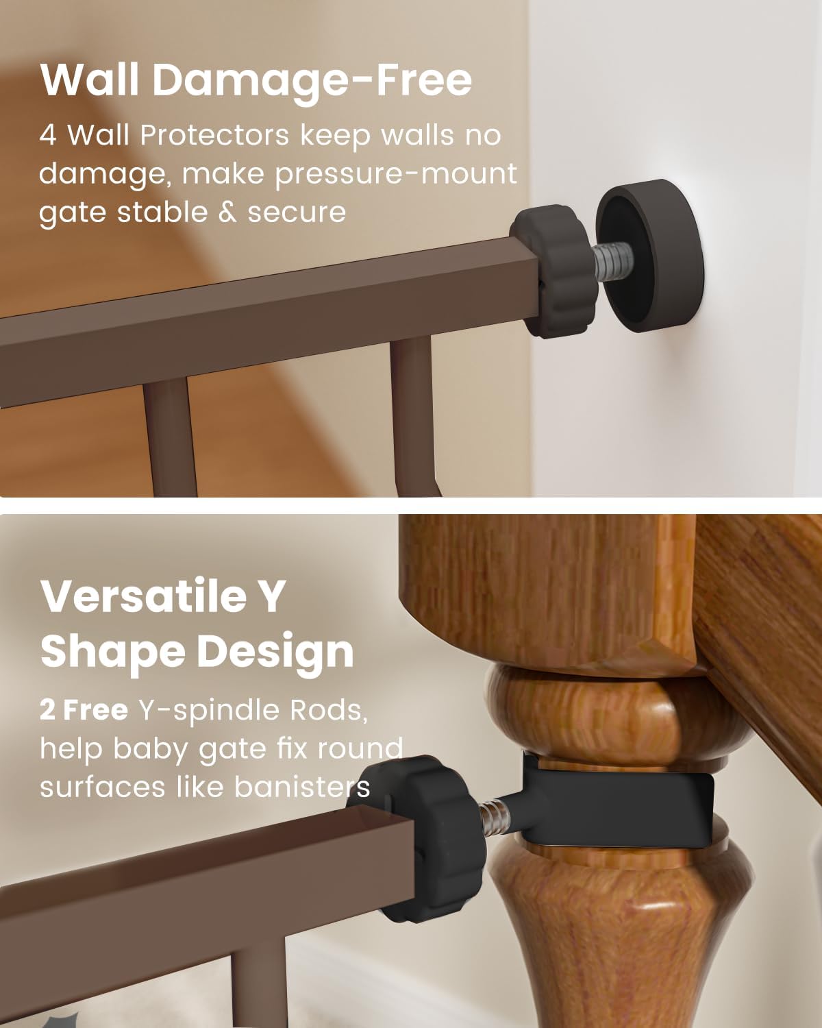 Mom's Choice-GROWNSY Baby Gate for Stairs, 29.5"-48.4" Pressure Mounted Baby Gate for Top of Stair&Doorway with V-Shaped Rods, Anti-Trip Pedal,Wide Stairs Dog Gate Easy Install w/Red Reminder,Brown