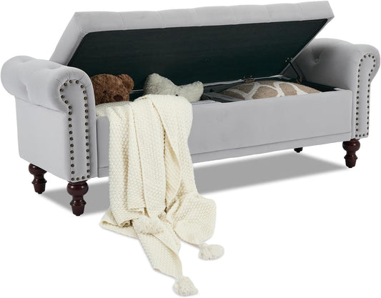 Storage Bench Upholstered Velvet End of Bedroom Bed Bench Ottoman with Tufted Cushioned Rolled Arm Large Storage Space for Reading Living Room Entryway, Light Grey