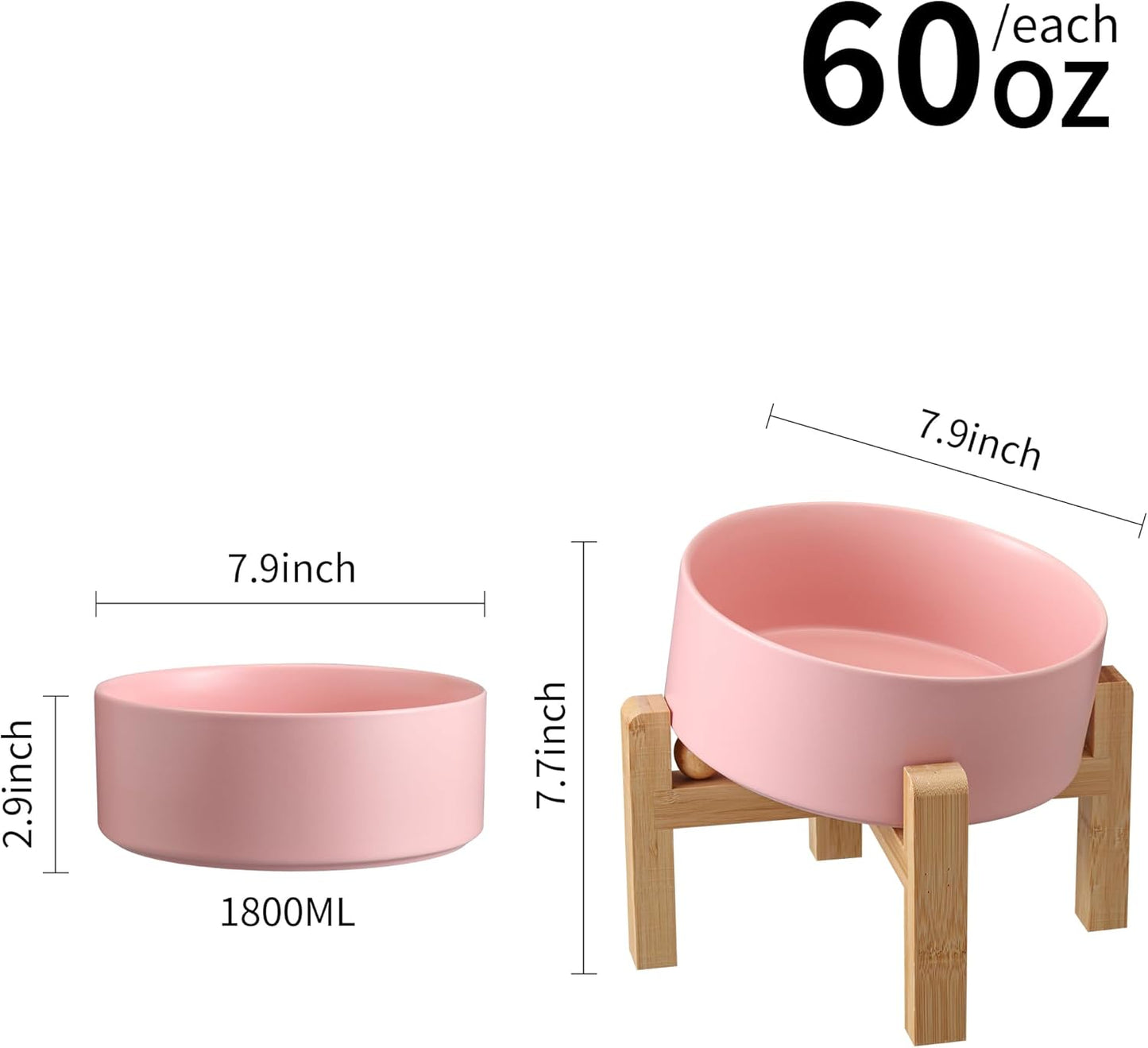 Pink Elevated/Raised 15°Tilted Anti Slip Ceramic Dog Bowl for Medium & Large Breeds,Slanted Bulldog Big Face Pet Food Water Feeding Dish with Stand (7.6 Cups/60OZ)