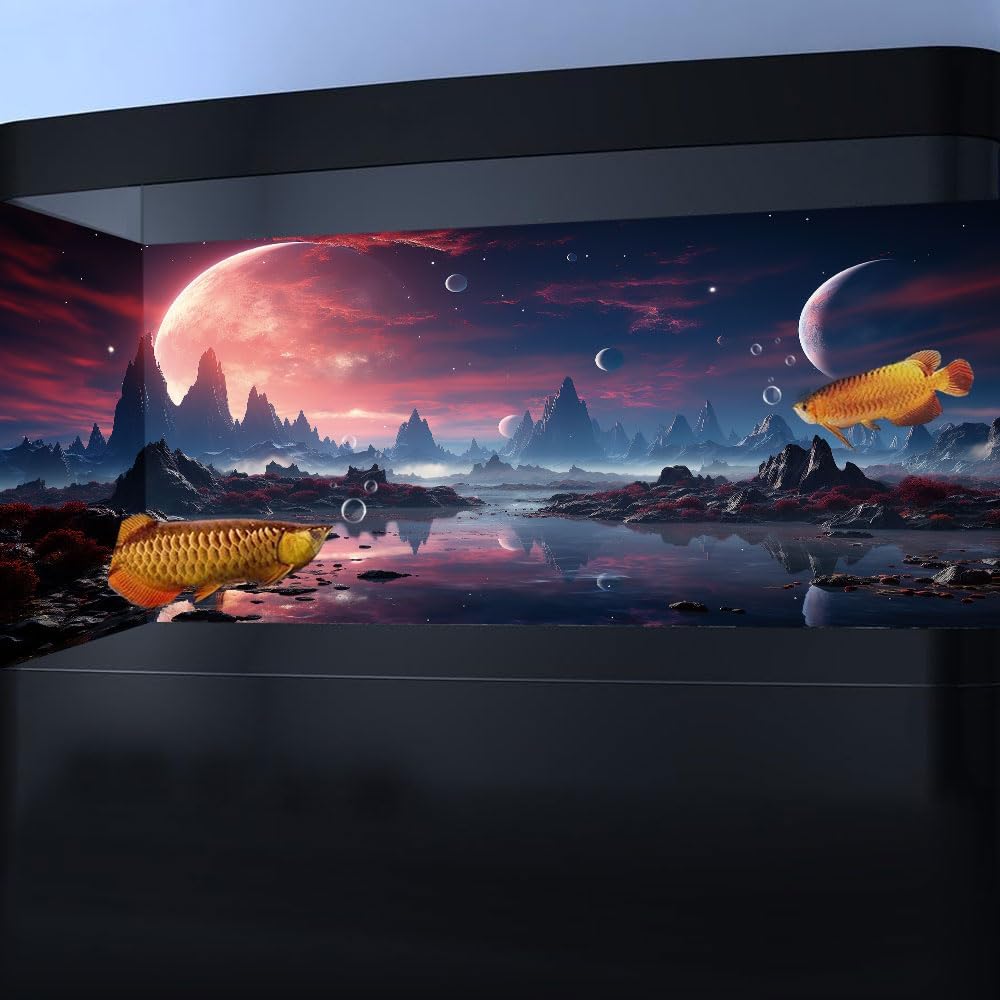 36X18IN Cosmic Spaceterrarium Background, Cool Parallel Space Themed Aquarium Reptile Habitat Background, Red Moon Aquarium Background with 10EVA Double-Sided Tape