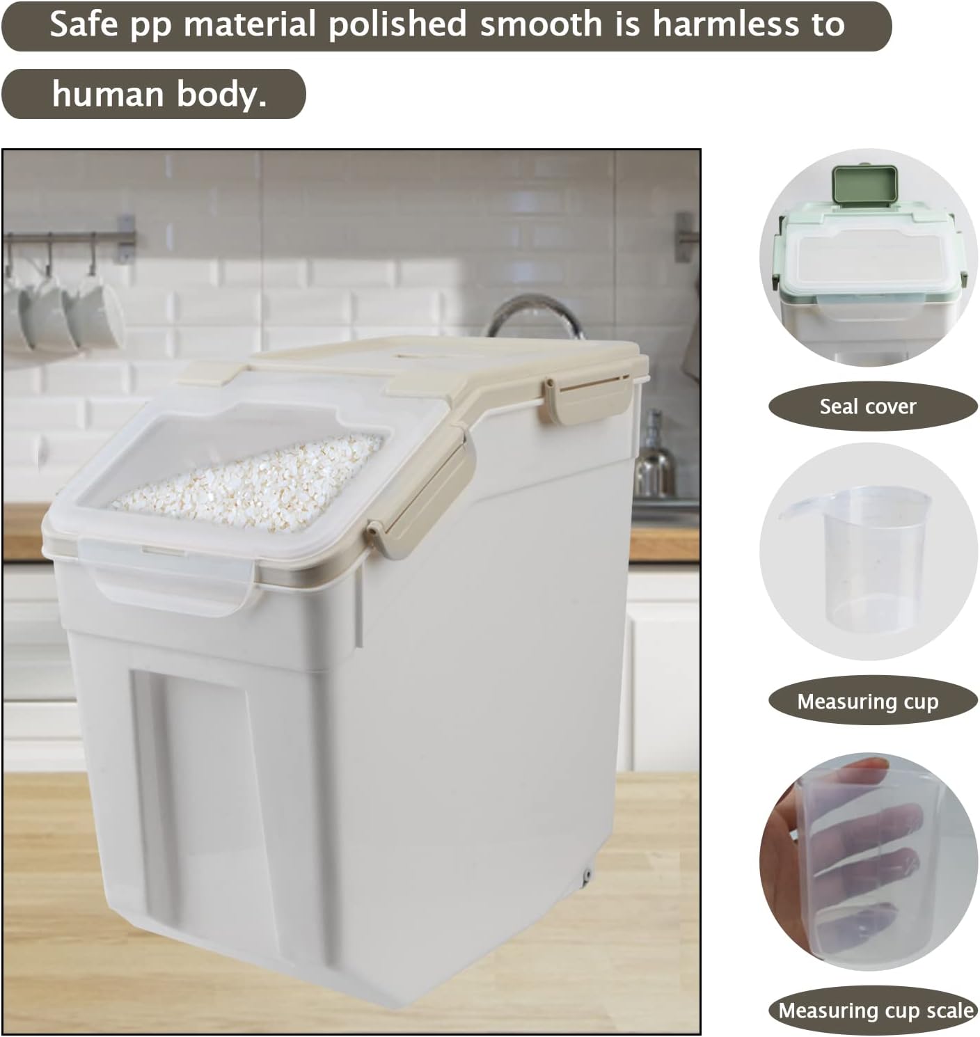 AnRui Airtight Flour Storage Container 25lb, Plastic Grain Storage Bucket, Rice Cereal Dispenser Organizer Box with Lid, Cat Dog Food Storage Bin with Measuring Cup, Scoop, Wheels, 2Pcs Grey