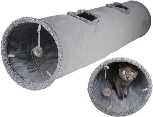 Cat Tunnel for Indoor Cats, 51×12 inch Foldable Big Cat Tunnel, Grey Suede Pet Tunnels with Two Peepholes and a Bubble Ball