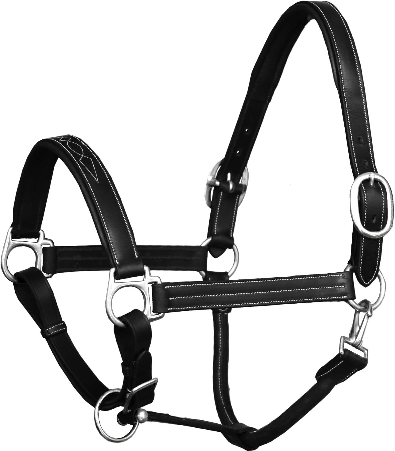 Exion Leather Horse Halter with Fancy Stitching | Black & Brown Padded Halter with Silver Brass Hardware | Quick-Release Snap | Adjustable Leather Halter – Cob, Full, Over, Pony Sizes