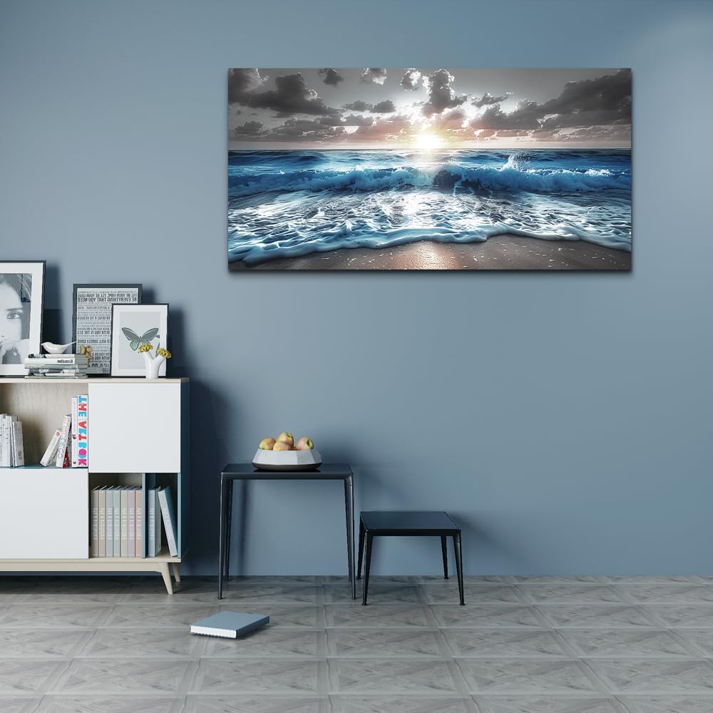 hyidecorart Canvas Wall Decor For Office Large Wall Art For Living Room Blue Beach Painting Sea Waves Sunshine Wall Pictures Bedroom Home Decorations Prints Posters Mural Artwork Ready To Hang