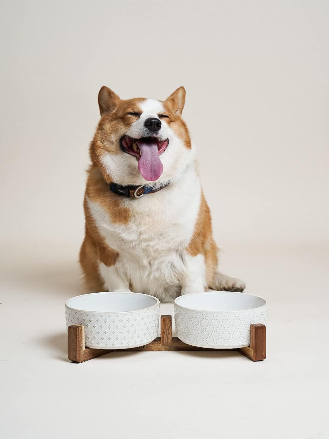 LE TAUCI Ceramic Dog Bowls with Acacia Wood Stand - 7 Inch Food & Water Set for Medium-Large Dogs - Weighted Pet Bowls