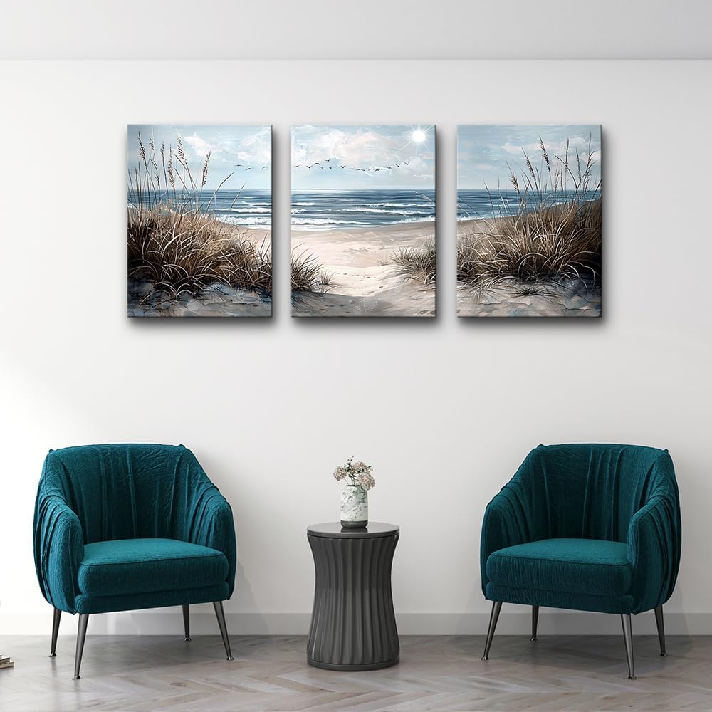 TTHYUEWS Canvas Wall Art For Living Room Wall Decor For Bedroom Modern Office Canvas Art Office Decor Blue Sea Beach Wall Paintings Prints Pictures Artwork Ready To Hang Home Decor 20" X 28"3 Piece